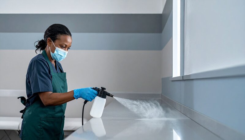 professional cleaning woman, vacuuming the carpet in a trendy commercial office space