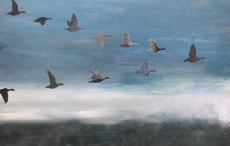 Blue Flyway © Alan Shuptrine, Oil on Wood Panel with 12KT gold leaf accents, 24 x 36