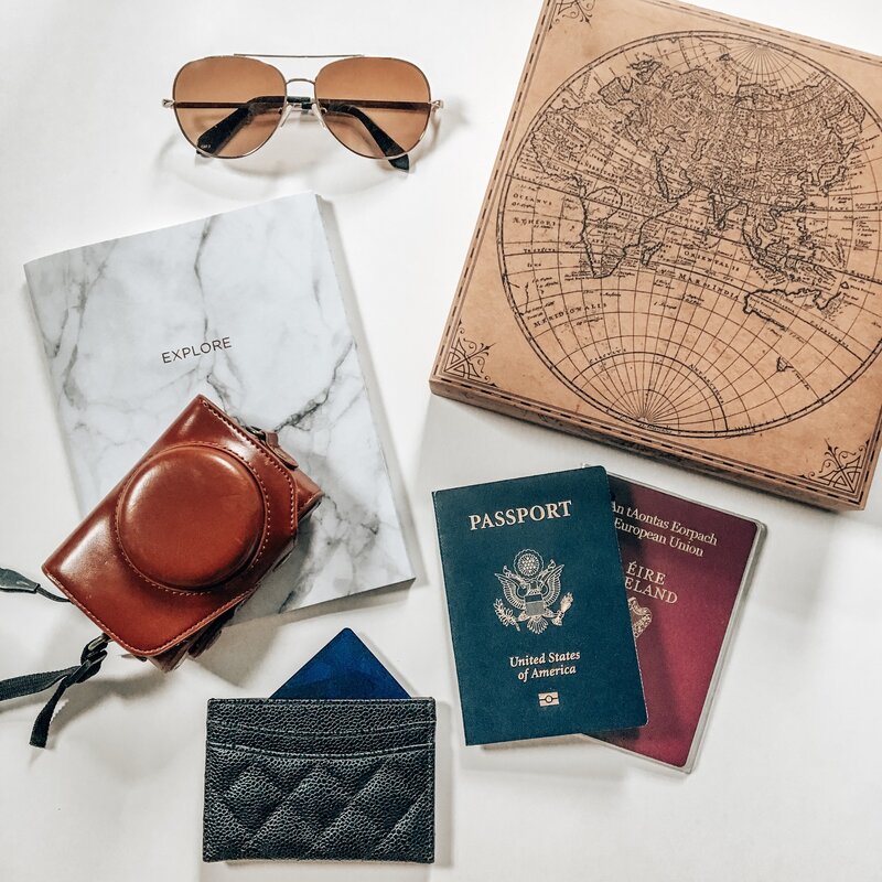 FLAT LAYS with camera, sunglases, passports world map and wallet photo by @amalynstyle and @amalynsocial 