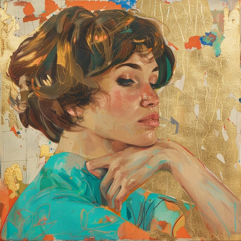 pensive woman retro hair turquoise top painting