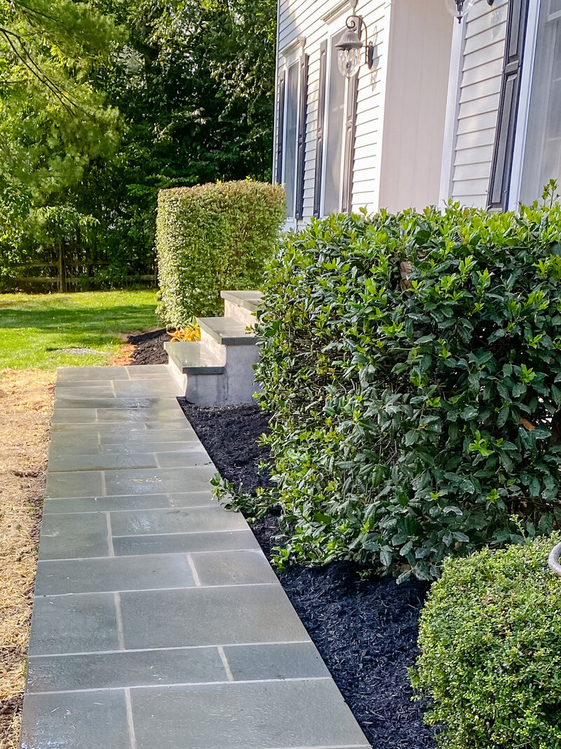 Blustone paver walkway  with green bushes  next to white house