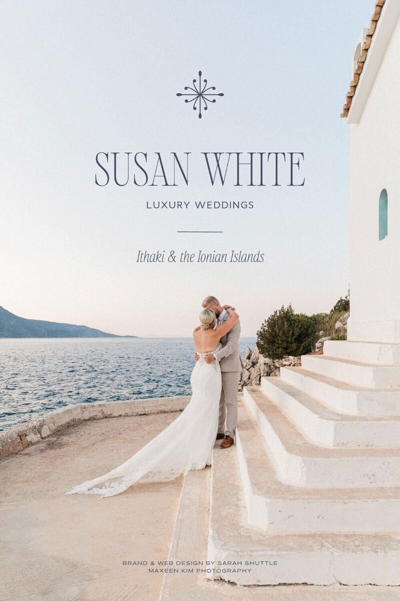Susan White Luxury Weddings logo design displayed over a photo of a couple by the sea, reflecting romance and luxury inspired by the Ionian coast.