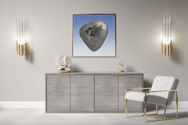 Fine Art Canvas with a gold frame featuring Project Stardust micrometeorite NMM 2842 for luxury interior design