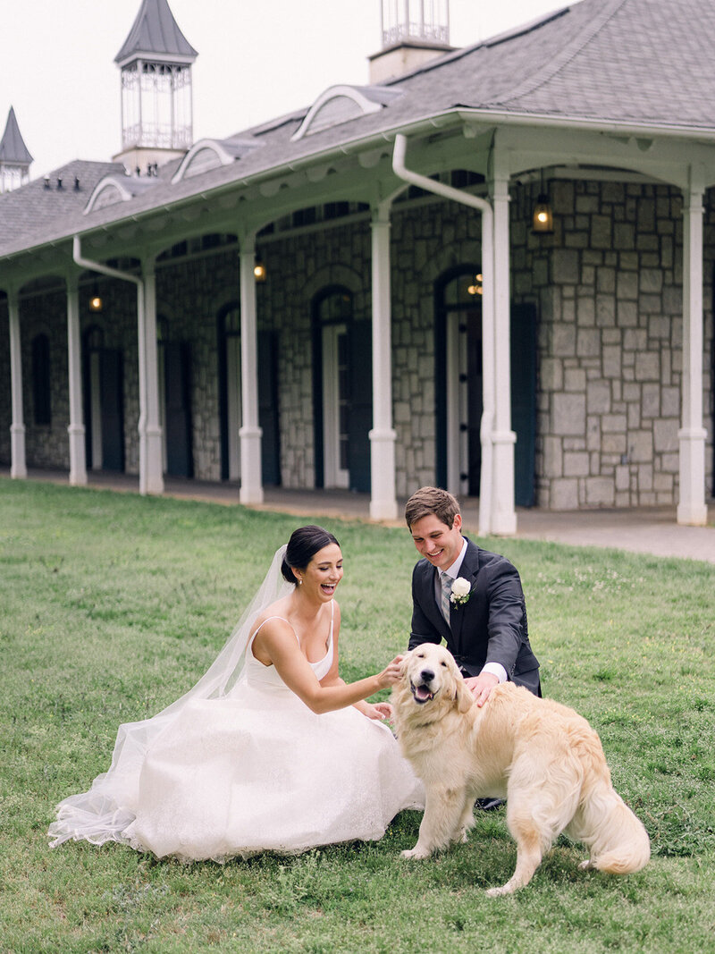 Bride and groom pet dog after getting married