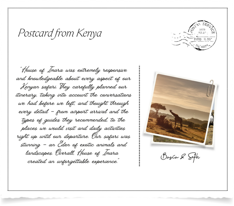Testimonial postcard from Kenya sharing client reflections on a tailored safari experience.
