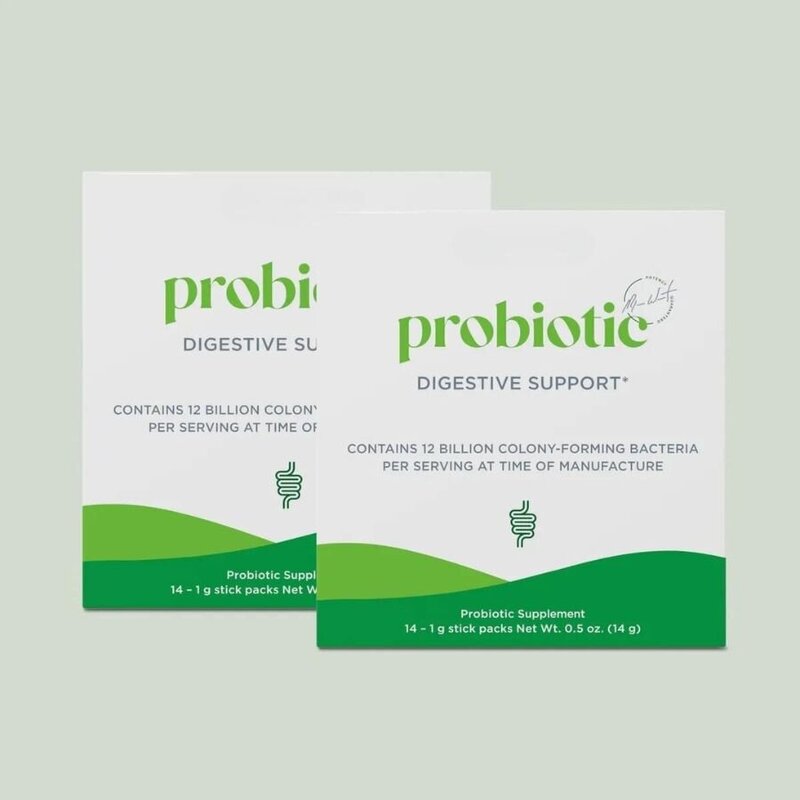 Packaging design for 'probi Digestive Support' probiotic supplements, featuring 12 billion colony-forming bacteria per serving