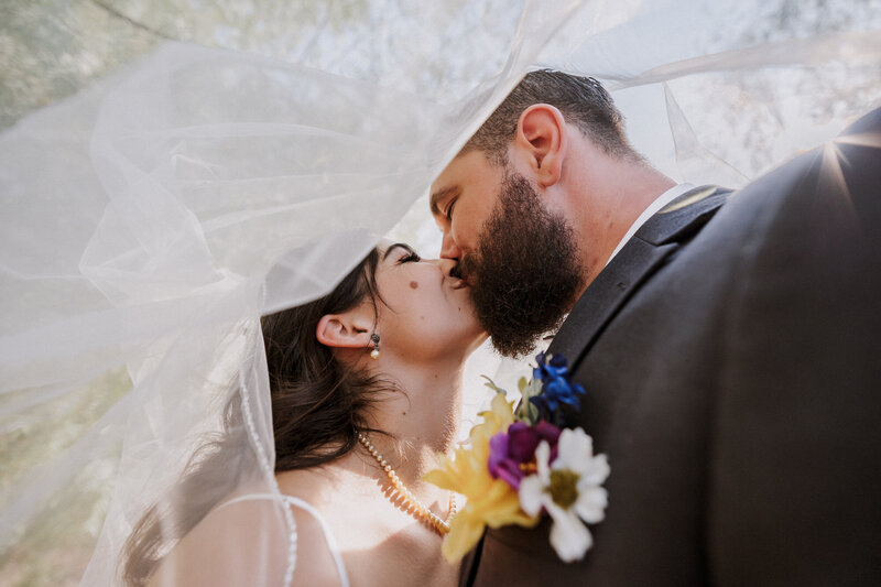bride and groom kiss under the veil