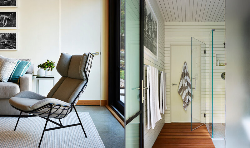 Top interior designers in Boston create a Hingham pool house with modern furniture, a sleek bathroom, and fresh coastal-inspired details.
