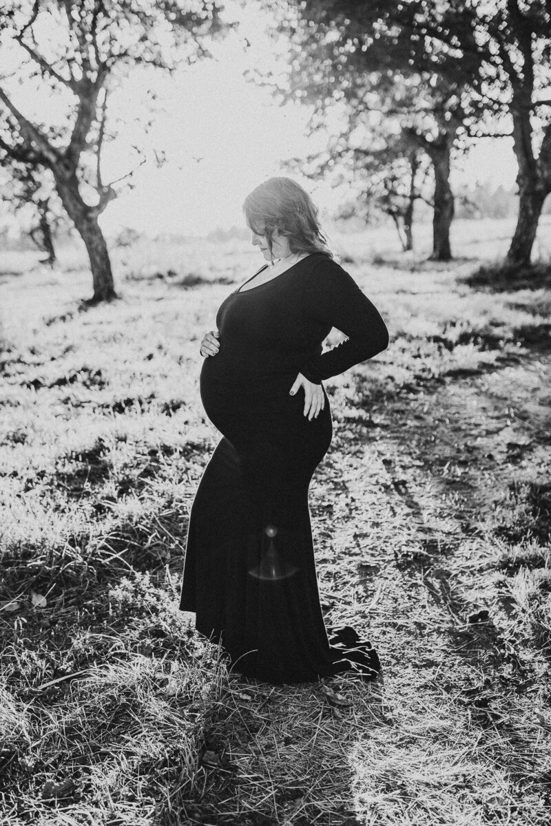A couple expecting a baby lies in a field in a park in the Columbia River Gorge. 