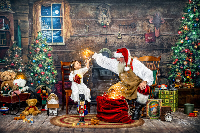 Santa Shares Magic with Girl after giving her a Gift from Santa's Bag