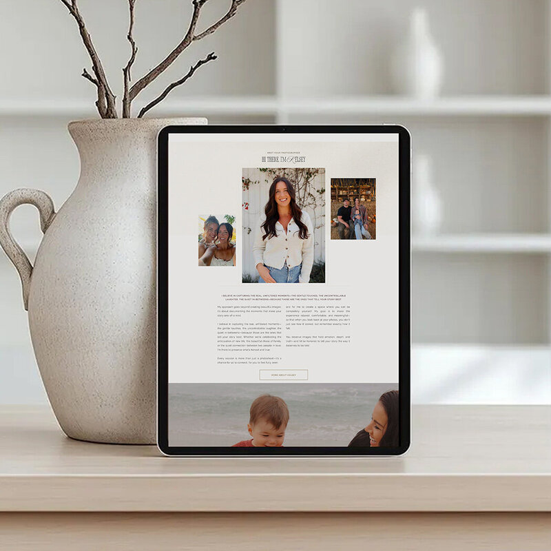 Website design mockup for a family photography business, showcasing a warm and inviting layout.