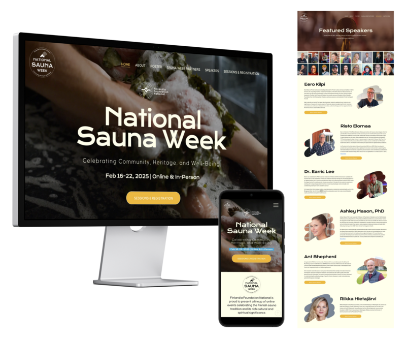 Modern website mockup for Finlandia Foundation National, shown on desktop and mobile, with homepage preview to the right