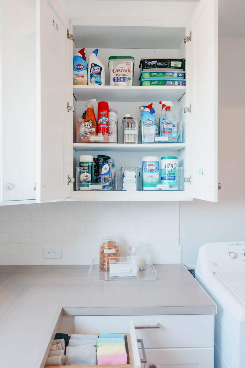 An open cabinet showing organized cleaning products