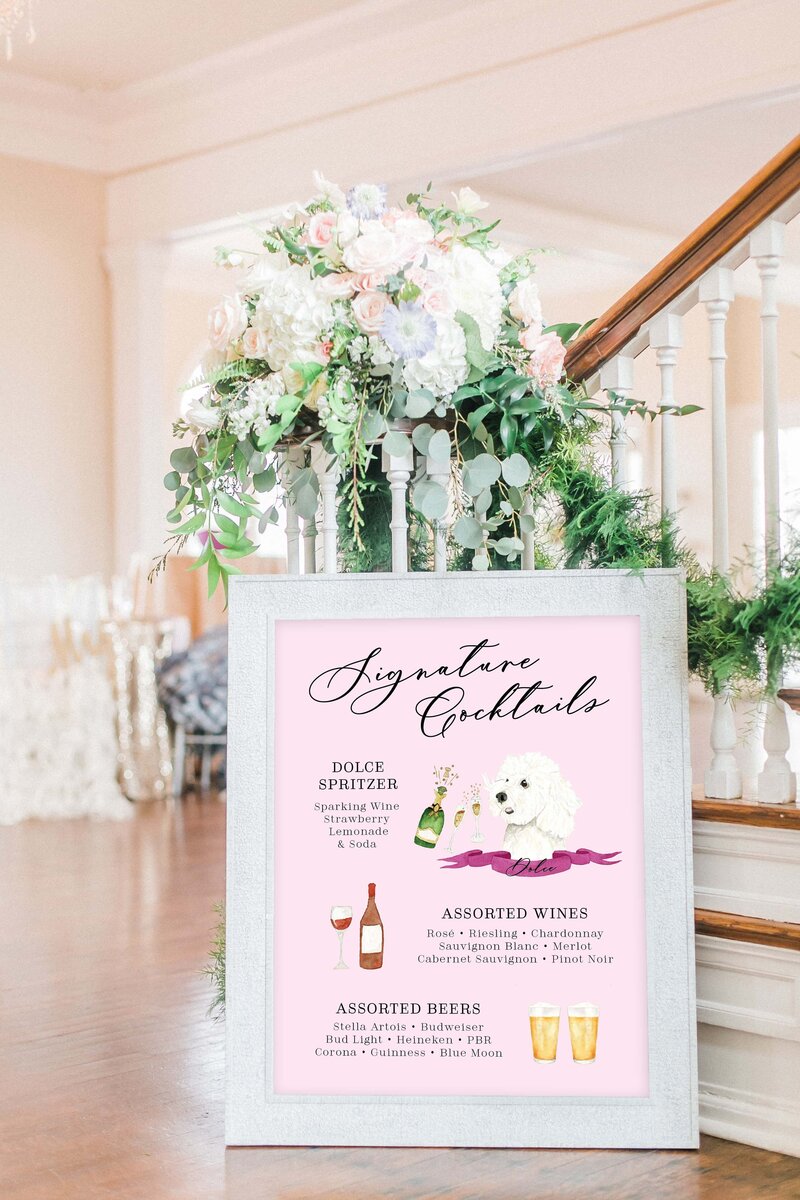 Custom Illustrated Signature Cocktail Menu Sign with Champagne, Wine, Beer and Dog
