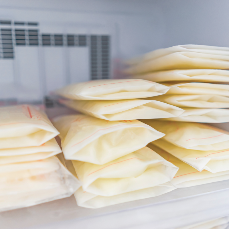Bags of pumped milk stored in the freezer