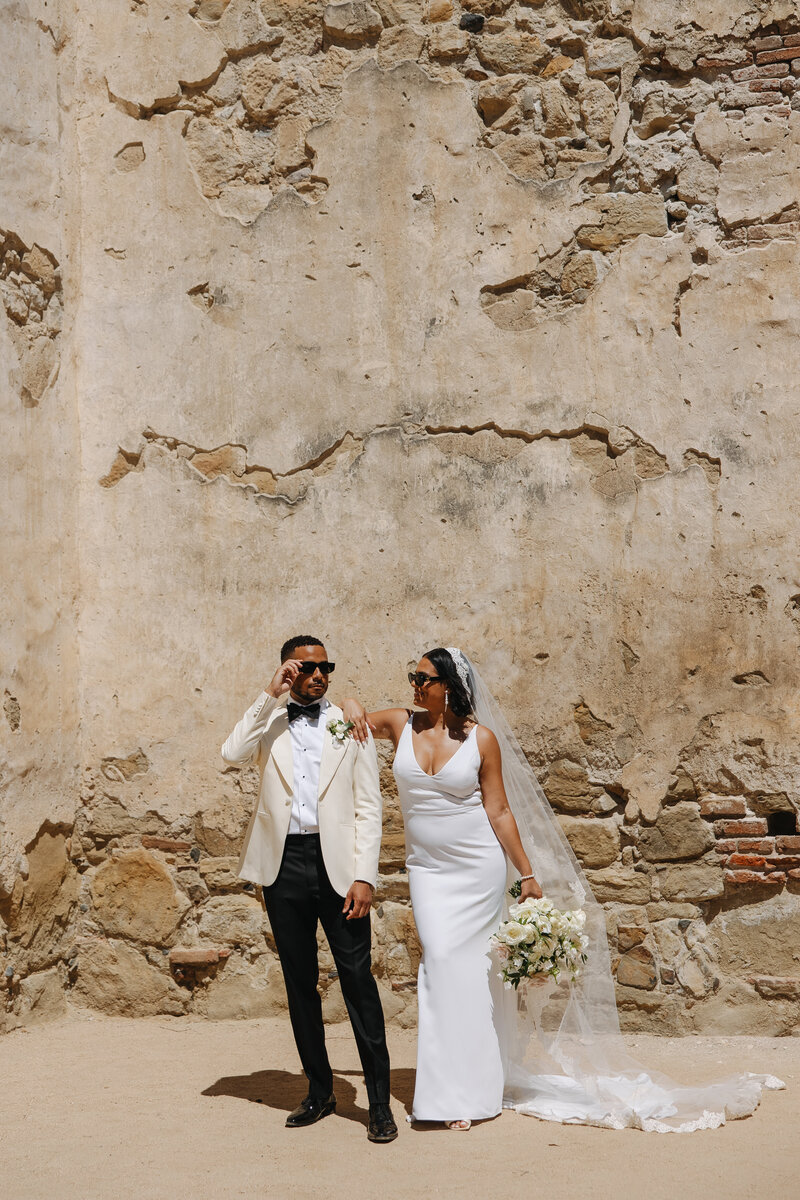 san juan capistrano wedding, black wedding, bride and groom with sunglasses 
