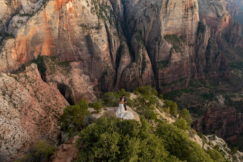 Bride and Groom sayin their vows with  Observation Point as their backdrop.