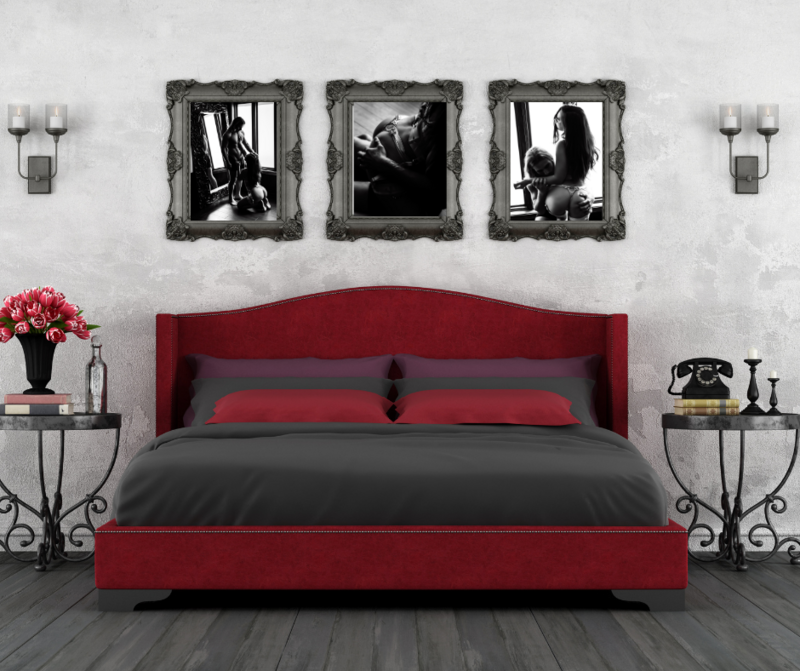 Red bed with three ornate frames with couples boudoir images in the them in Minneapolis MN