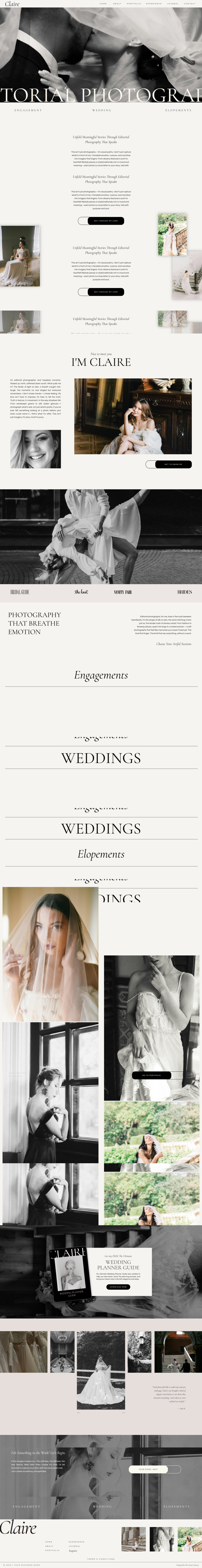 Full homepage preview of the Claire Showit website template designed for modern editorial wedding photographers