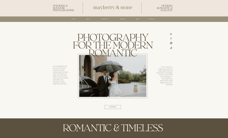 photo of wedding photographer website with romantic and timeless