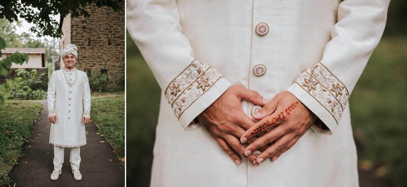 Groom preparing for his first look with his wife at Bartram's Gardens Philadelphia.