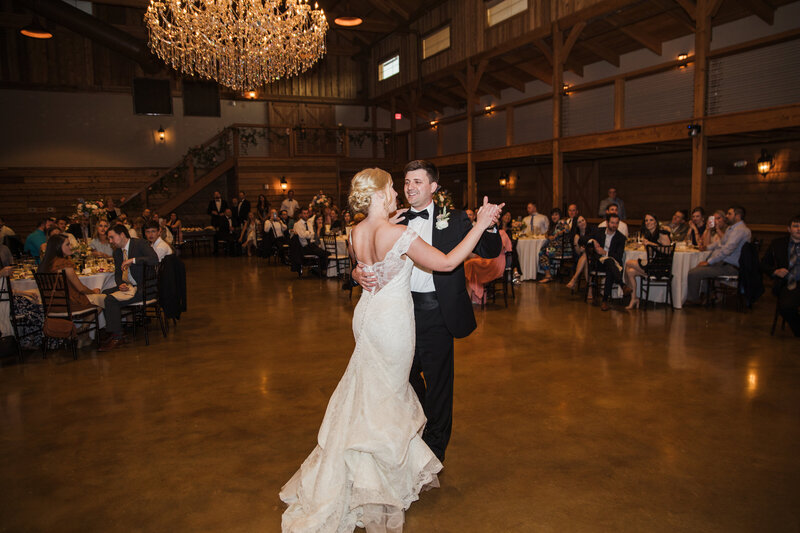 bride and groom during their first dance at sycamore farm