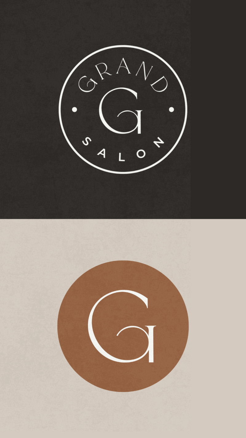 A logo design with two variations: the top features a circular badge reading Grand Salon around a large G on a dark background; the bottom shows a large G inside a brown circle on a light background—ideal for hair salon website design.