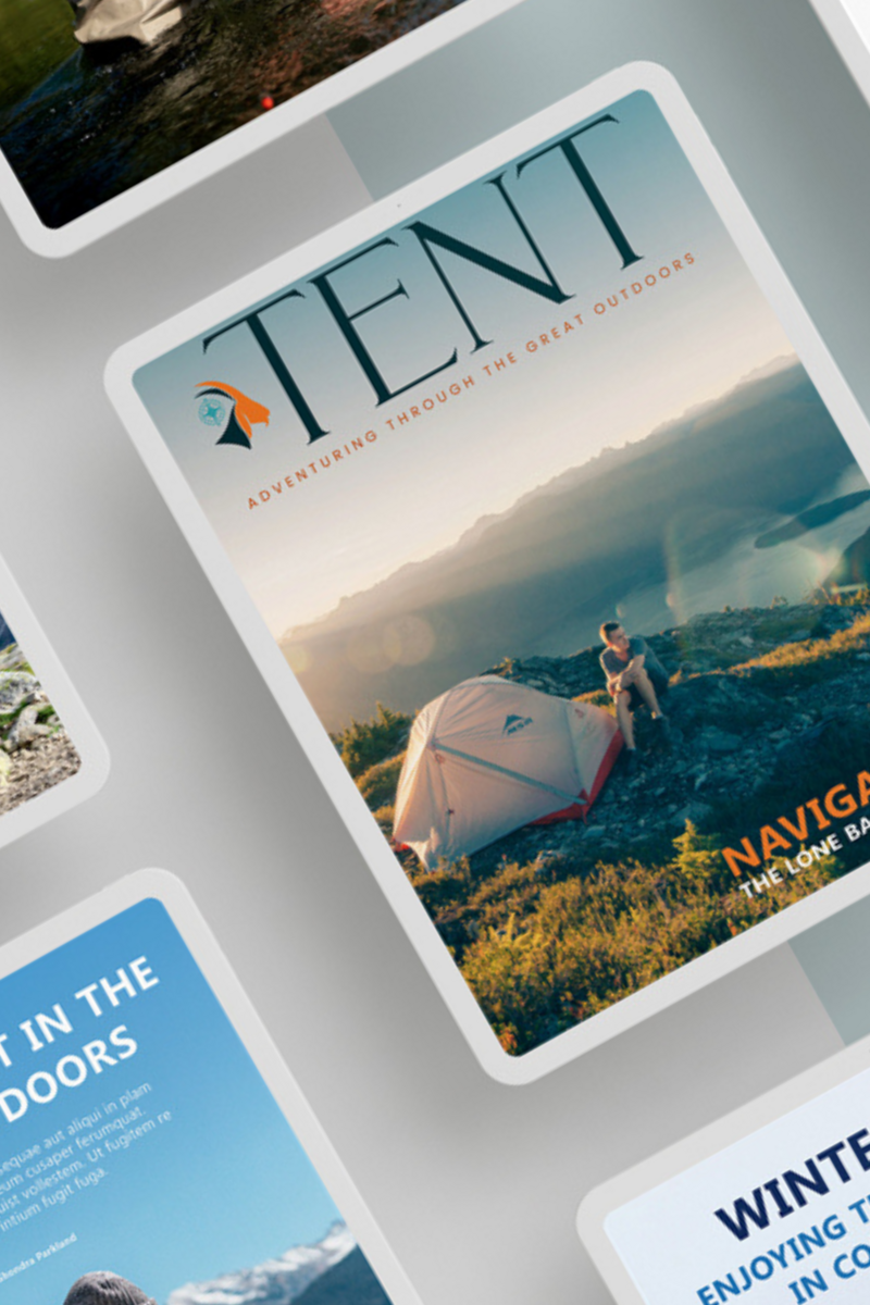Tablets in a flat lay showing the cover images of tent magazine publications.
