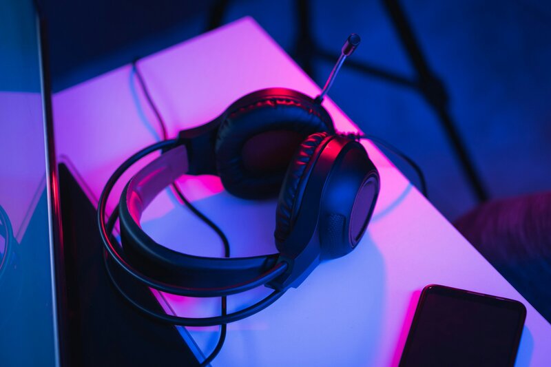 headphones in purple lighting