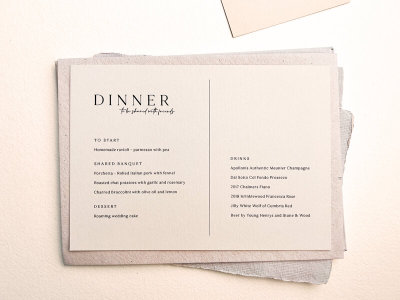 letterpress designer printed dinner menu cards for events and weddings