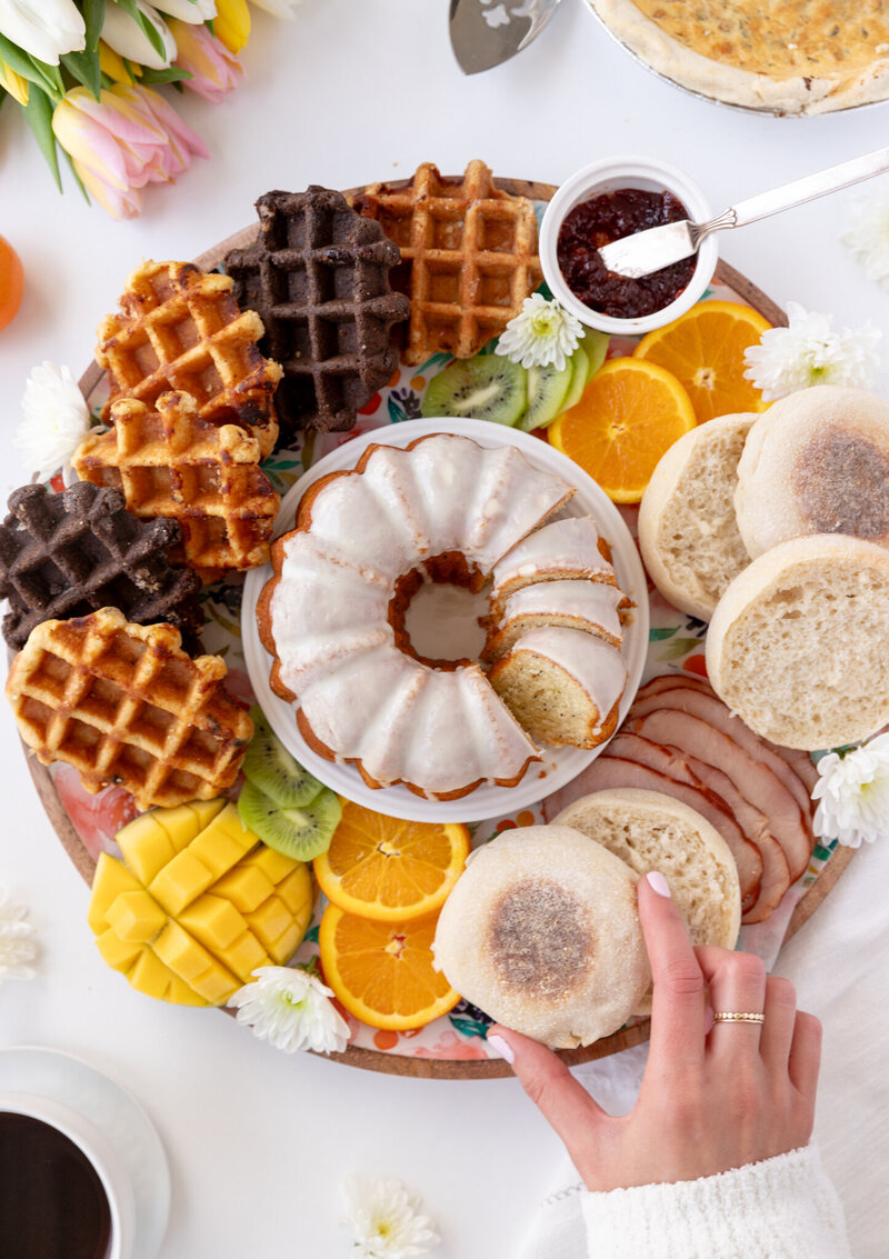 a board with asserted breakfast foods