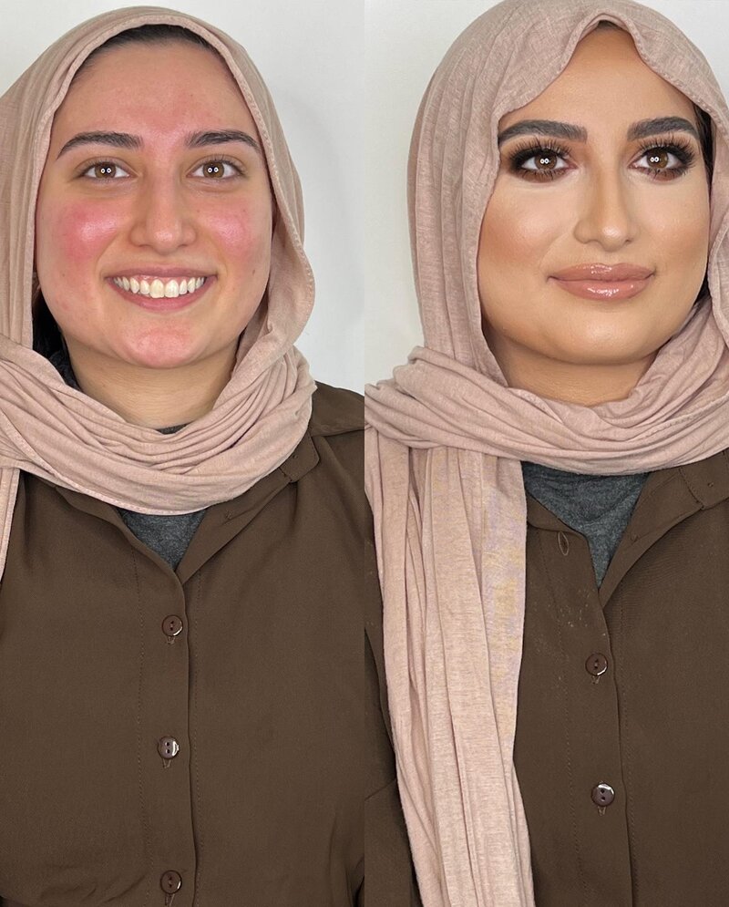 A before and after image of a person with and without makeup on.