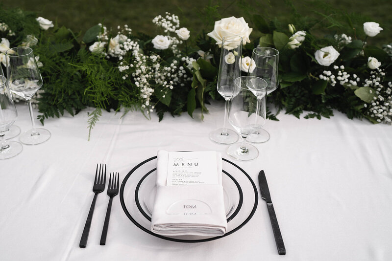 black and white modern wedding tablescape