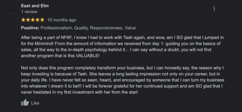 a screenshot of a five star review from one of natasha zoryk's past clients named east and elm