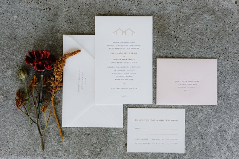 Minimalist wedding invitation and stationery flatlay