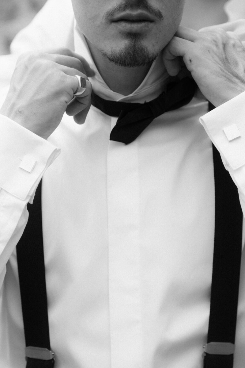 Luxury wedding in Europe – sophisticated bride in a modern wedding gown and groom in a timeless suit.