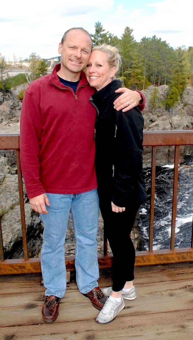 Jeff and Wendy at a scenic overlook bridge with river below
