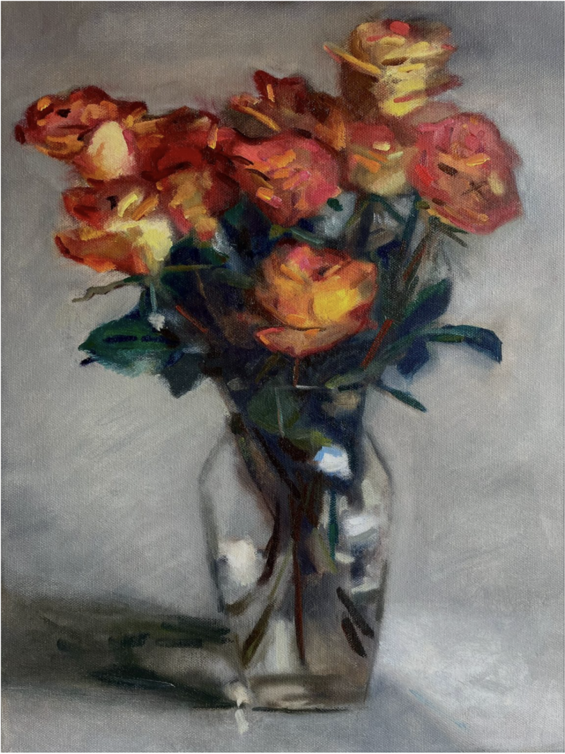 Still life oil painting of orange and yellow roses in a vase