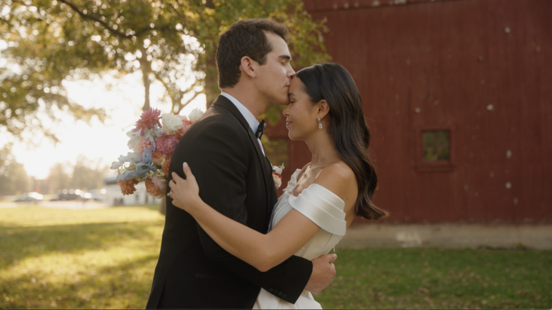 bride and groom embracing underneath veil