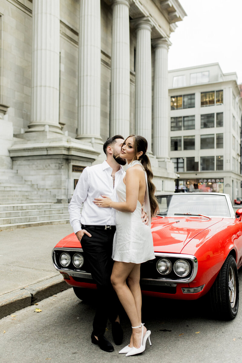 Montreal engagement photos with Vintage car