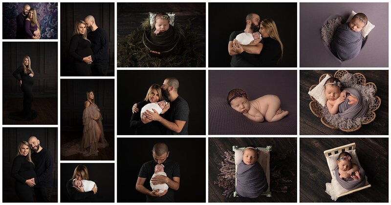 maternity photos of a couple in studio and outside near a creek