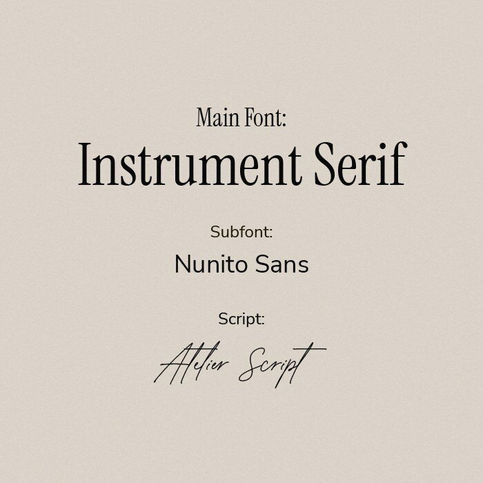 Font pairings used for a photographer's website. Main font: Instrument Serif, subfont: Nunito Sans, Script: Atelier Script.