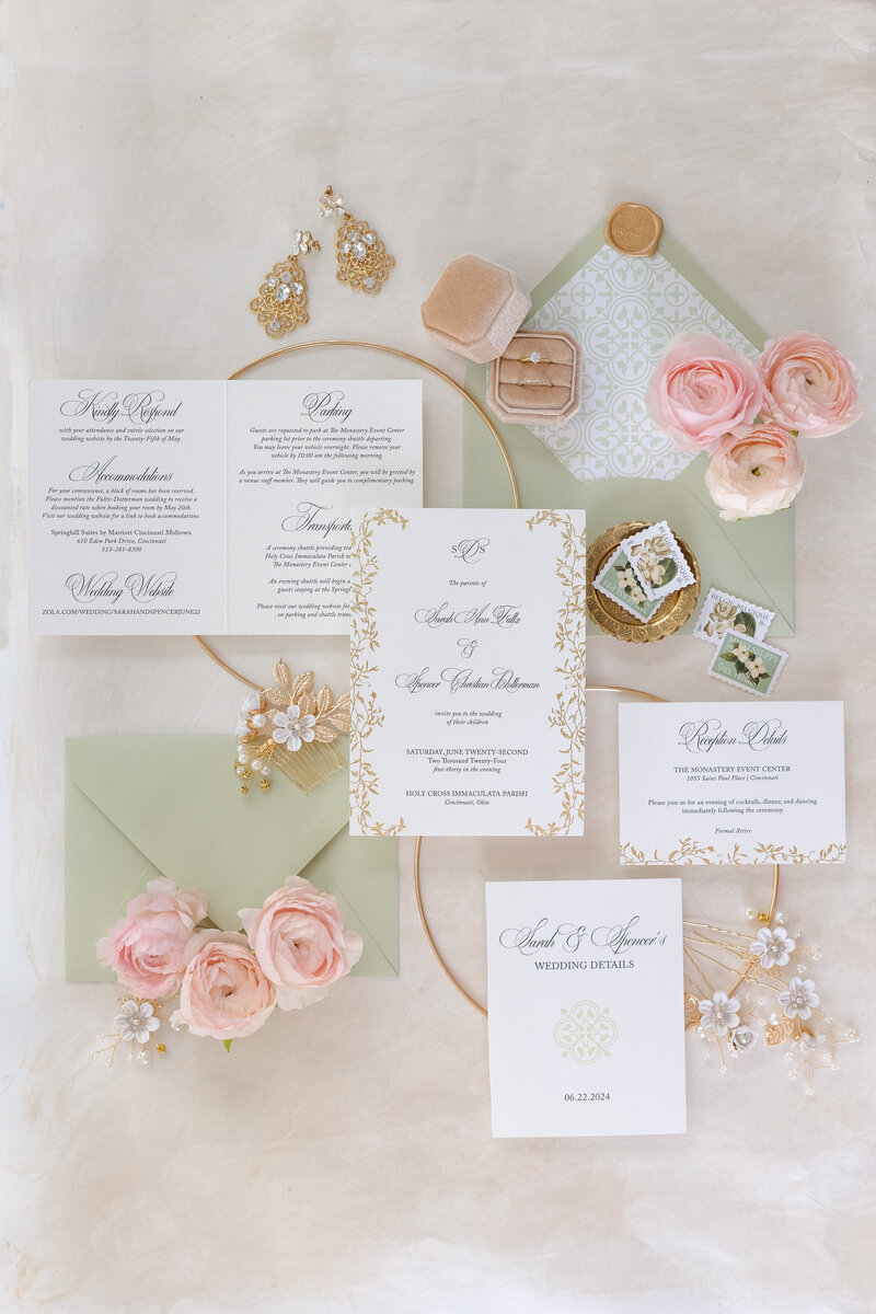 Custom wedding invitations in a pastel color palette designed by luxury Ohio wedding invitation designer