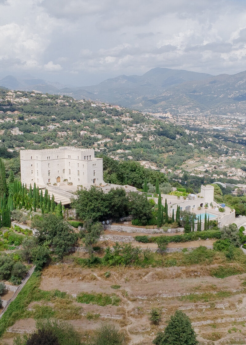 drone photo of a chateau in the south of france