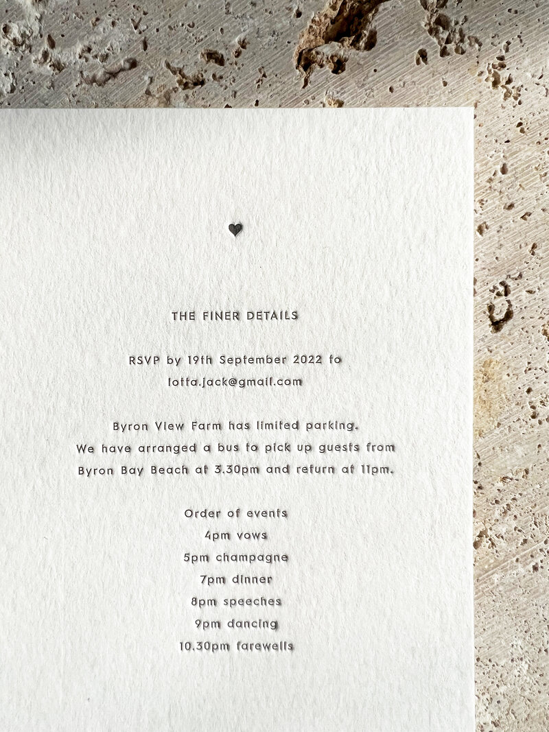 Luxury minimal letterpress wedding details card close up - Lotta