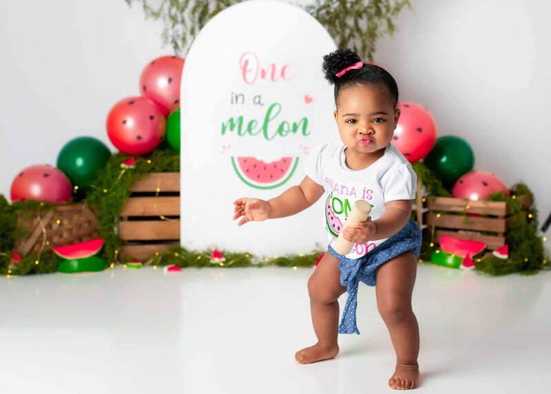 Baby milestone studio session — One in a Melon themed look in Birmingham photography studio.