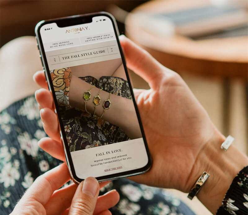 eCommerce Email marketing service for fashion and jewelry brands, featuring an email newsletter design on a mobile device designed by graphic designer, Kyra Janelle.