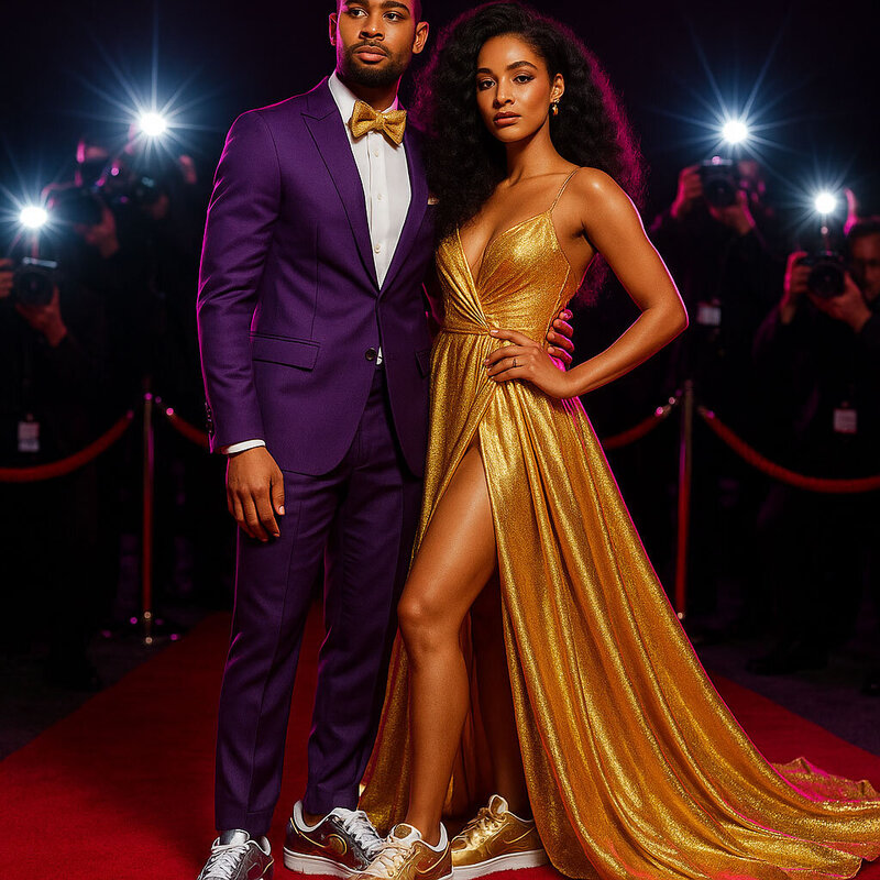 Couple posing on the red carpet wearing tuxedo and gown with custom sneakers