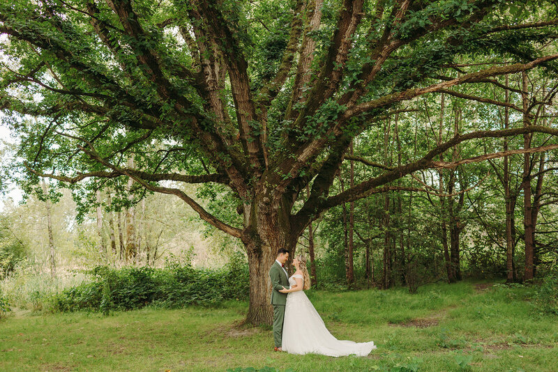 Utah Wedding Photographers capture bride and groom kissing under tree after mountain elopement