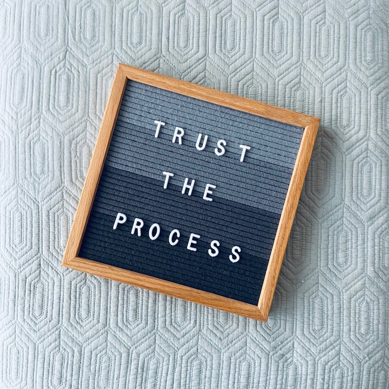 Image shows a grey felt letterboard with wooden frame on a light blue textured background. The phrase 'TRUST THE PROCESS' is spelled out in white capital letters